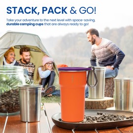 bzyoo Nesting Stainless Steel Camping Cup Set with Hook – 5-in-1 Stackable Durable 9oz Campstack Cup Set for Hiking, Backpacking & Outdoor Adventures (Orange)