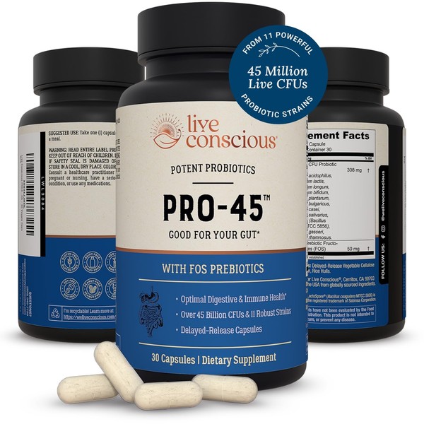 Live Conscious PRO45 Probiotics for Women & Men: Comprehensive Formula, 45 Billion CFU, 11 Strains, Dairy Free - w/Prebiotics and Probiotics - Promotes Immune & Gut Health - 30 Veggie Caps