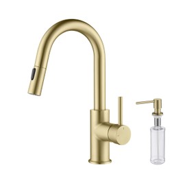 KIBI Luxe Single Handle Pull Down Faucet for Kitchen Sink | Solid Brass High Arc Faucet Spout | Kitchen Faucet with Pull Down Sprayer (Brushed Gold) (KKF2011) (Soap Dispenser Included)