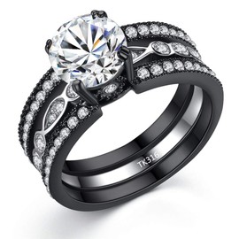 MABELLA CZ Black Wedding Band Engagement Ring Sets Stainless Steel Round Cut Cubic Zirconia Size 5