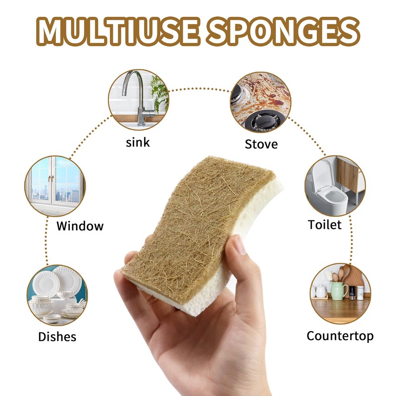 12 Pack Non Scratch S-Shaped Natural Kitchen Sponges - Biodegradable
