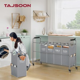 Tajsoon 5 Bag Laundry Sorter Cart, Laundry Hamper Sorter Basket with Heavy Duty Lockable Rolling Wheels for Clothes Storage, Grey & White