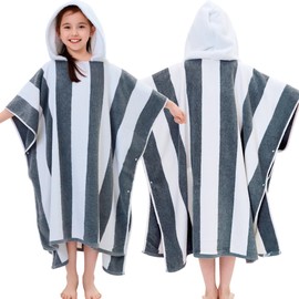 VOOVA & MOVAS Quick Dry Hooded Poncho Towel for Teens (8-16Years), 100% Cotton Thick Poncho Towel Robe for Kids | Boys, Perfect for Pool, Beach, Bath and Gifts, Gray White Stripe