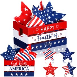 5 Pcs 4th of July Tiered Tray Decor Patriotic Red White and Blue Decorations Memorial Day Rustic Mini Wooden Crates with 4 Pcs Fabric Stars Wood Signs for independence day Farmhouse Home Table Decor