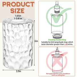 Teenyyou 6 Pcs Clear Hammered Glass Shade Replacements for Pendant Light Fixtures Glass Lamp Shade Cover, 1-5/8 Inch Fitter, 4"w x 6"h, Replacement Lamp Globe for Chandelier Wall Light