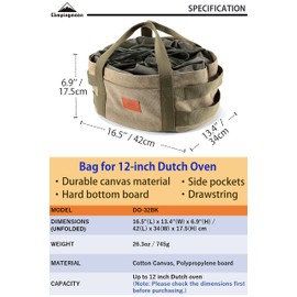 camping moon CAMPINGMOON Carry Bag for 12-inch Dutch Oven Durable Canvas w/Handle Drawstring DO-32BK