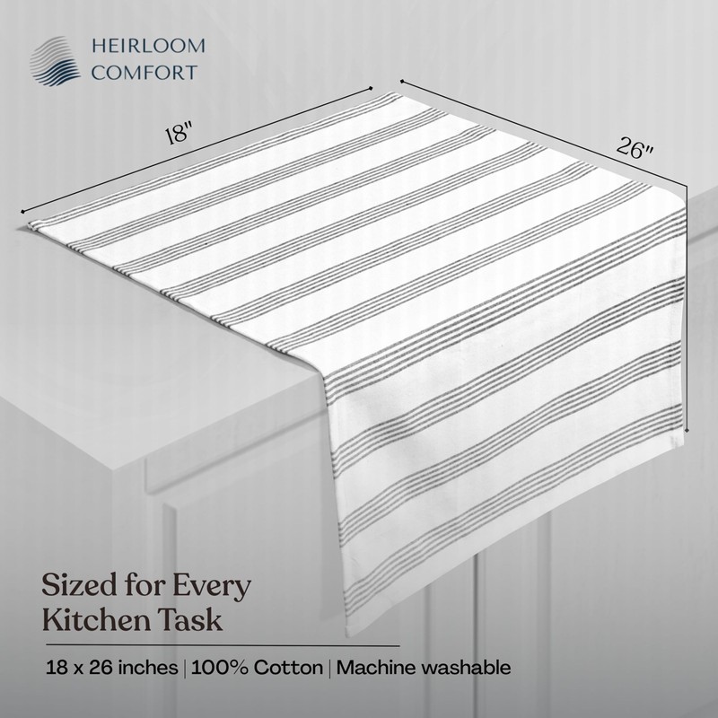 HEIRLOOM COMFORT Black Stripe Kitchen Towels (5 Pack), 100% Cotton,