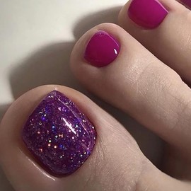 Vezocim Press on Toenails with Glitter Designs, 24Pcs Purple Artificial Short Fake Toenails, Glossy Full Cover Acrylic False Nails for Toe, Glue Toenails with Charm for Women Girls