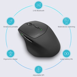 RAPOO MT550 Multi Device Wireless Mouse, Bluetooth 5.0/3.0 and 2.4GHz Tri-Mode Connection, Support 4 Devices,6 Programmable Buttons, 4 DPI Optical Mice for Laptop, MacBook, PC, Windows, Tablet