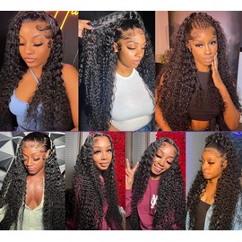 Hxxcoup 30 Inch 1B Natural Black Color Human Hair Wigs Water Wave 13x6 Lace Front Wig with Natural Hairline Wear and Go Glueless Baby Hair No Smell 180% Density for Woman