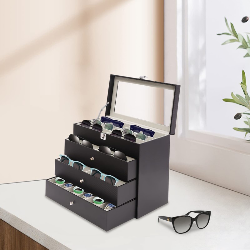 MUSESPANI 4-Layer 24-Slot PU Leather Eyeglass Organizerm, Lockable Sunglass Storage