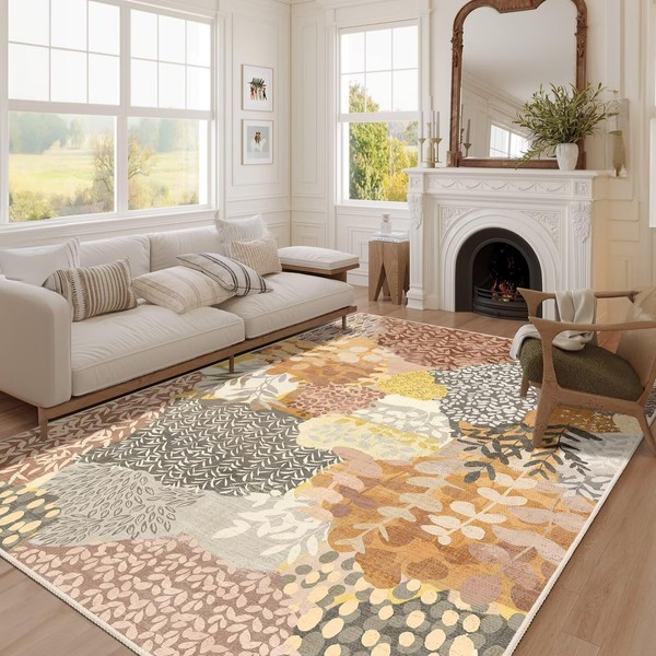 DEXDE 5x7 Area Rugs Tropical Washable Non-Slip Abstract Leaf Floral
