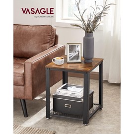 VASAGLE Side Table, 2-Tier Nightstand, End Table with Mesh Shelf, Steel Frame, Adjustable Feet, for Living Room, Bedroom, Industrial Style, Rustic Brown and Black ULET41X, 17.7 x 17.7 x 21.6 Inch