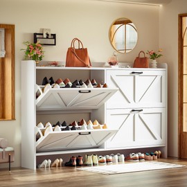 TOLEAD Shoe Storage Cabinet with 4 Flip Drawers, Freestanding Shoe Organizer with Metal Legs, Farmhouse Narrow Slim Shoe Rack Cabinet for Entryway, Foyer, Hallway, Antique White