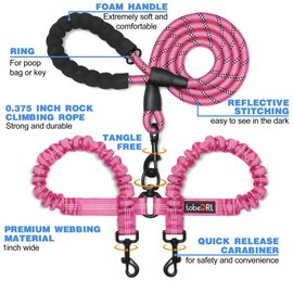 tobedri Comfortable Dual Dog Leash Tangle Free with Shock Absorbing Bungee Reflective 2 Dog Leashes for Large Medium Small Dogs (Pink 0-25 lbs)