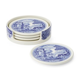 Spode Blue Italian Ceramic Coasters with Holder - Set of 4 Drink Coasters for Table Protection, Porcelain Drinkware Essentials Featuring Scenic Italian Countryside Design, 3.75 Inch