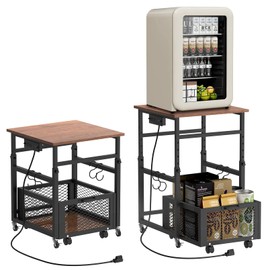 Mini Fridge Stand with Storage, Height Adjustable Small Refrigerator Stand with Wheels, Charging Station, Sturdy End Table for Microwave Oven Printer, Organizer Shelf for Dorm, Apartment, Kitchen Home