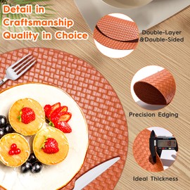 AuraNestle Placemats Set of 6, Double Decker Faux Weaving Leather Round Place Mats, Heat Resistant Waterproof Oil-Proof Non-Slip, Wipeable Washable Kitchen Dining Table Mats (36cm, Orange)