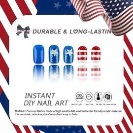 4th of July Press on Nails Medium Square Glitter Fake Nails America Flag False Nails with Star Designs Full Cover Blue White Red Glossy Glue on Nails Acrylic Artificial Nails for Women Girls 24Pcs