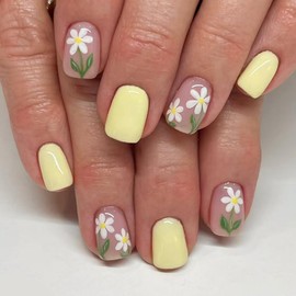 Short Press on Nails Square Fake Nails with White Flower Design Glue on Nails Yellow Full Cover Acrylic Nails Press Ons Glossy False Nails Spring Stick on Nails for Women 24PCS