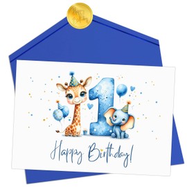 Joli Coon Birthday Card 1 Year Boy - Premium Happy Birthday Birthday Card 1 Year - Folding Card with Envelope and Gold Seal Stickers