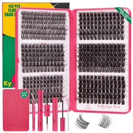 Lash Clusters Kit 432PCS D Curl Fluffy Eyelash Clusters Extension Kit - 11-18mm, Includes Bond & Seal, Remover, and Applicator for Salon-Quality Results