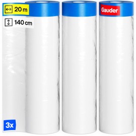 GAUDER 3 Rolls Pre-Taped Masking Film (140 cm x 20 m) | Painter’s Tape with Plastic Sheeting | 84 m² Pre-Taped Covering Film | 3-Piece Set for Windows, Doors and Switches