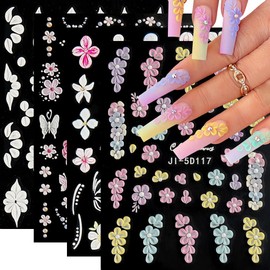5D Flower Nail Art Stickers, 5D Embossed Pink White Flowers Nail Decals Hibiscus Small Flower Butterfly Summer Nail Art Supplies Luxurious Summer Nail Design for Women Manicure Decoration(4 Sheets)