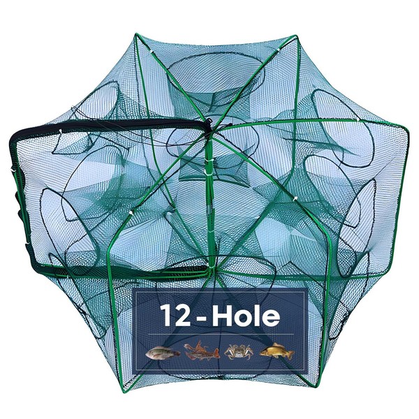 Generic Upgrade Foldable Fishing Trap 6 Sides 12 Holes, Portable
