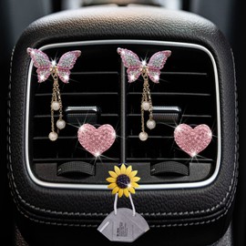 Pink Heart & Butterfly Pandent Air Vent Clips, 4 Pcs Bling Heart Car Air Fresheners Vents Clips Diamond Car Interior Decor Bling Cute Car Accessories Car Decoration for Women +Sunflower Mask Hook