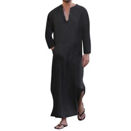 Jacansi Men's V-neck Short Sleeve Robe Side Split Kaftan Cotton Long Gown Thobe S-3XL (XXL, Black #1)