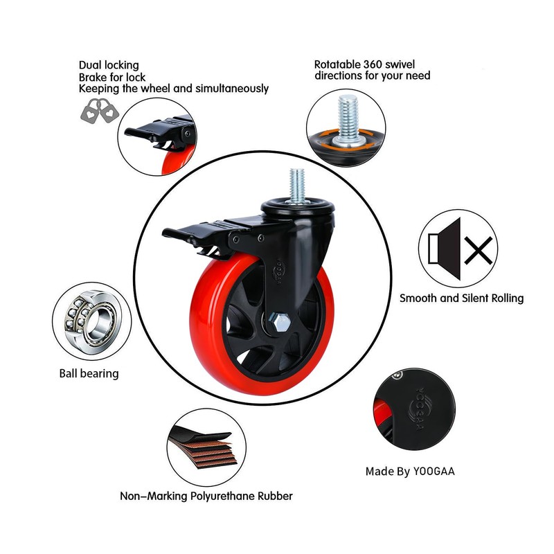 YOOGAA Caster Wheels 5 inch Total Locking Stem Casters 1/2"-13