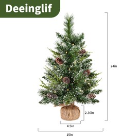 deeinglif 2ft Mini Christmas Trees 24" with LED Lights and Pine,Tabletop Branches Cones and Cloth Bag Base Home Party Dining Room Window Decoration for Christmas