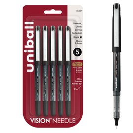 uniball Vision Needle Rollerball Pens, Micro Point (0.5mm), Black, 5 Pack