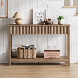 Treocho 47" Console Table with Drawers, Fluted Narrow Entryway Table with Open Shelf, Farmhouse Sofa Table Behind Couch for Hallway, Living Room, Brown Walnut