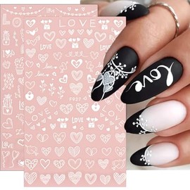 Valentine’s Day Nail Art Stickers White Heart Nail Stickers Self Adhesive White Letter Designs Nail Decals Cute Nail Art Decals Love Decals Nail Art Designs Decals for Nail DIY Manicure 6 Sheets