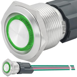 19mm Momentary Push Button Switch 15Amp 3/4" Waterproof IP67 12/24V DC/AC 1NO SPST Ring Led Light Stainless Steel 316 with Wire Socket