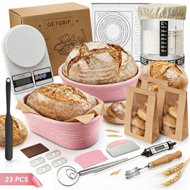 All-Inclusive 𝗣𝗥𝗘𝗠𝗜𝗨𝗠 Sourdough Starter Kit –Pink Sourdough Bread Baking Supplies – 34 Oz Starter Jar, 9″ Round & 10.5″ Oval Banneton Bread Proofing Baskets, Bread Making Tools