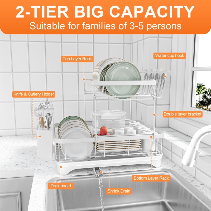 HOMEBOSILY Dish Drying Rack - Auto Draining Dish Rack for