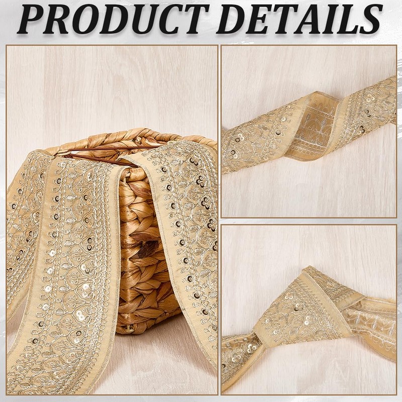 CABODYALS 3.46 Inch Gold Jacquard Embroidered Ribbon Polyester Sequin Bead