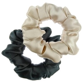 ZHIYE 2 Pcs Silk Hair Scrunchies, 100% Pure Mulberry Silk Hair Ties Elastic Ponytail Holders for Girls and Women, Black+Griege