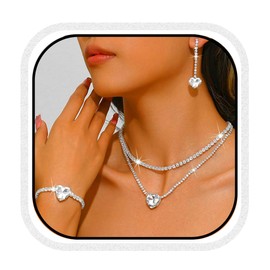 Unicra Silver Rhinestone Necklace Earrings Bracelet Sets Bridal Wedding Jewelry Set Heart Costume Jewelry Sets for Women and Brides (Silver)