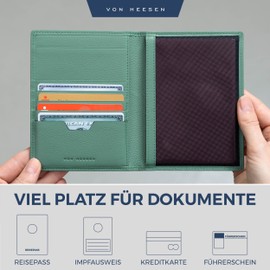 VON HEESEN Passport Holder Leather with RFID Protection for Men and Women, Turquoise (Silver Pine), Portrait
