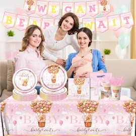 We can Bearly Wait Baby Shower Decorations-142pcs Girl Pink Teddy Bear Baby Shower Tableware Set We can Bearly Wait Plates and Napkins,Pink Baby Bear Tablecloth for Girl Gender Reveal Party Supplies