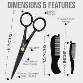 Tijeras para barba y bigote, kit de aseo de acero inoxidable de 5 pulgadas con estuche | Professional facial hair & beard trimming shear. Trims mousta
