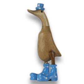 ART-CRAFT Wooden Duck Running Duck Garden Decoration Figure Made of Bamboo Root and Teak Wood with Boots and Hat Blue 25 cm High