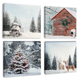 Artscope 4 Pieces Christmas Wall Art Canvas Prints - Snowy Days and Elk Picture Painting - Modern Wall Artwork Framed for Gifts Bathroom Home Kitchen Office Christmas Decor - 30 x 30 CM