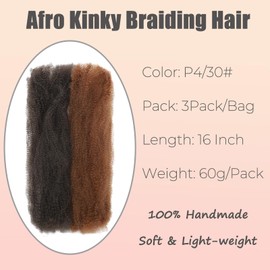 TOOPBIUTI Afro Kinky Bulk Hair 12 Inch Spring Twist Braiding Hair Bulk Locs Dreadlock Extensions Afro Kinky Curly Crochet Braid (P4/30#, 16inch-3pc)