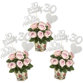 Gyufise 12Pcs 30th Anniversary Centerpiece Sticks Double Sided Gold Glitter Heart 30 Pearl Wedding Anniversary Table Flower Centerpieces for Cheers to 30 Years Blessed & Loved Wedding Party Supplies