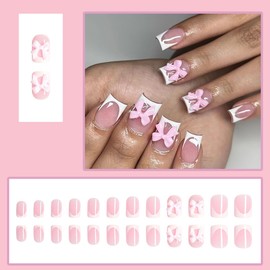 24Pcs BMKKOT Short Press on Nails White French Tip Fake Nails Pink Full Cover Glue on Nails 3D Pink Bow Nail Charm Design Glossy False Nail Cute Artificial Acrylic Nail for Women Girl Manicure Decor